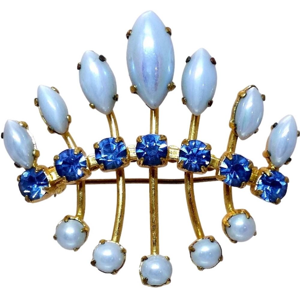 Blue Rhinestone & Faux Pearl Brooch Gold Tone Crystal Pin Vintage Atomic Jewelry